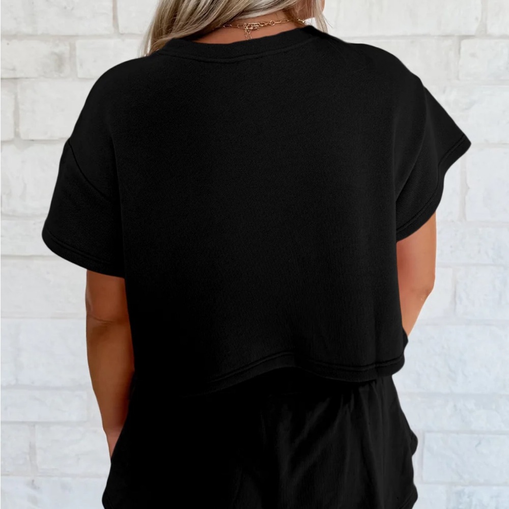 Black Two-Piece Short Sleeve Cropped Top and High Waisted Skort Matching Set - Picture 2 of 6